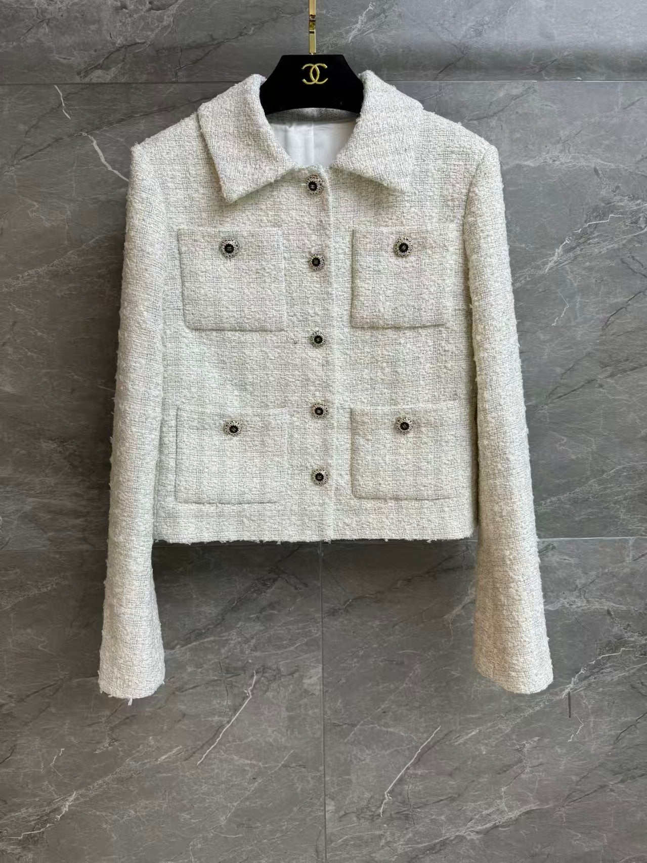 Multi-pocket tweed coat