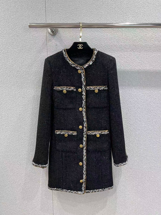 Black and gold four-pocket tweed coat