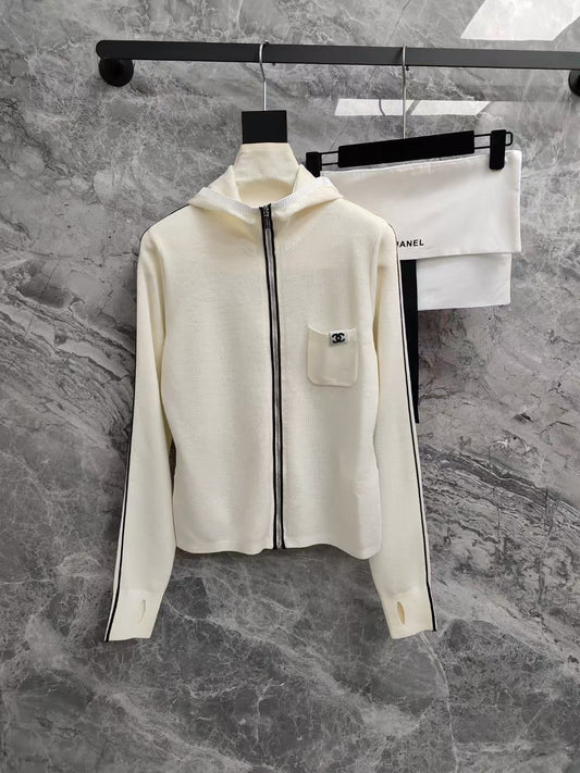 Black and white zip-up hooded cardigan
