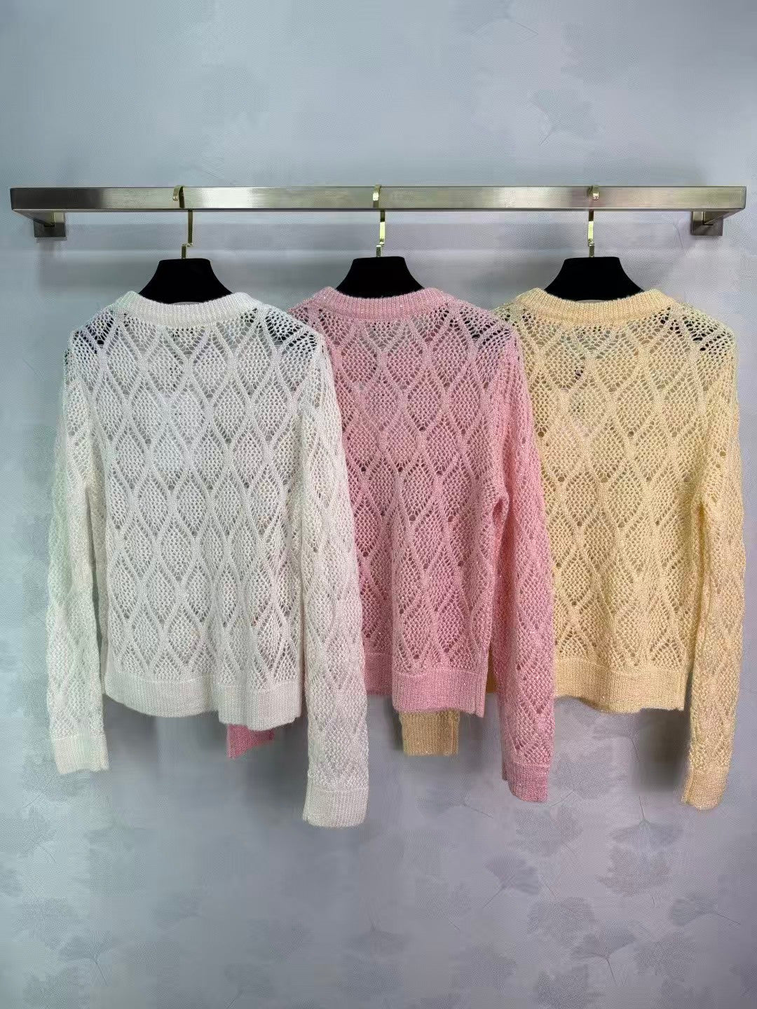 Sequined diamond-patterned openwork pullover knit sweater