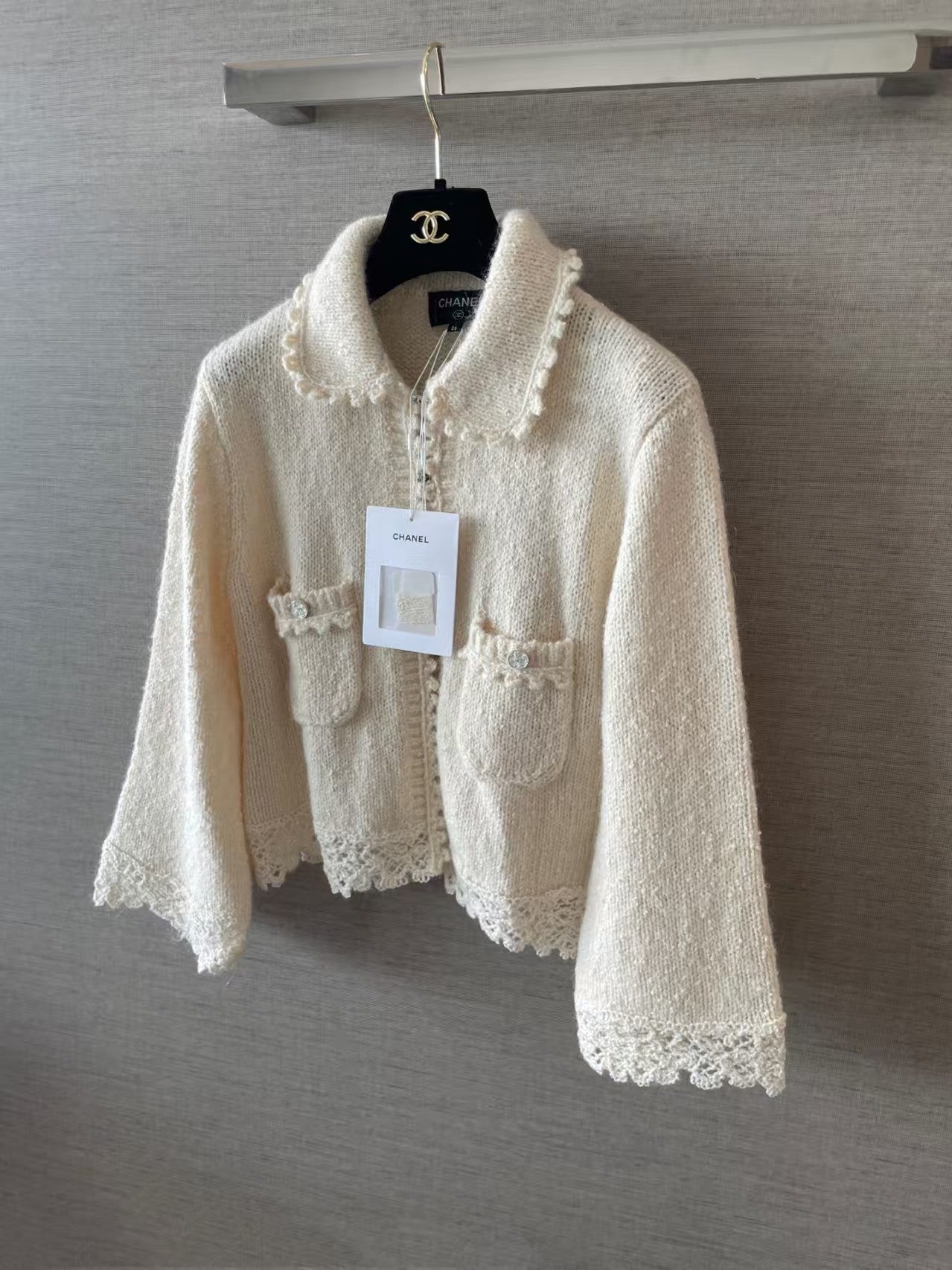 Lapel-collar open-knit cardigan