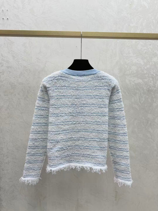 Color-block striped jacquard knit cardigan