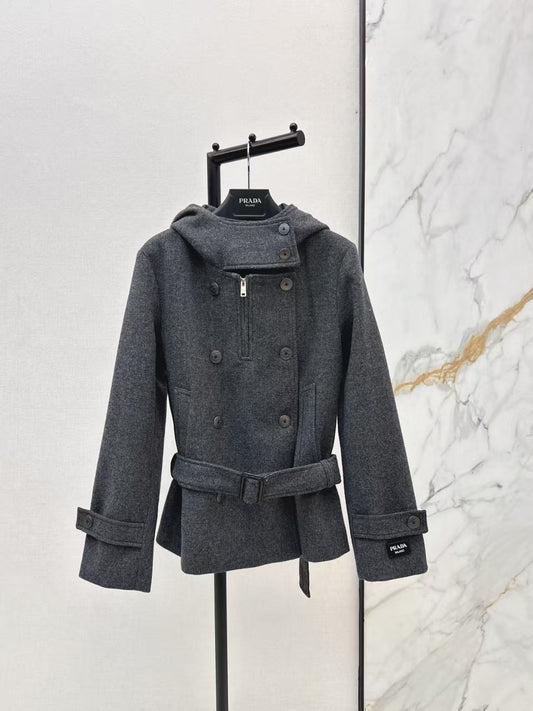 Double-brebreasted hooded wool trench coat