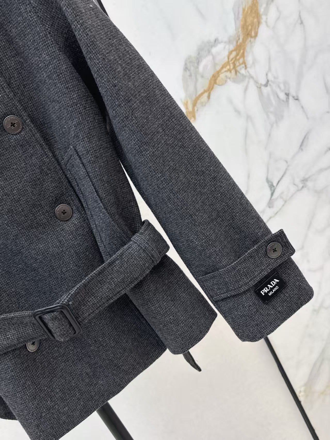 Double-brebreasted hooded wool trench coat