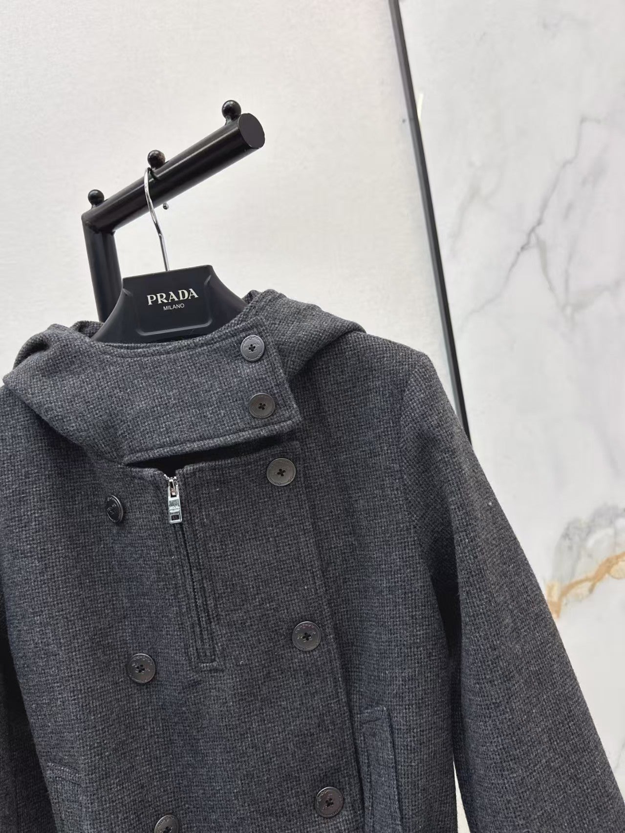 Double-brebreasted hooded wool trench coat