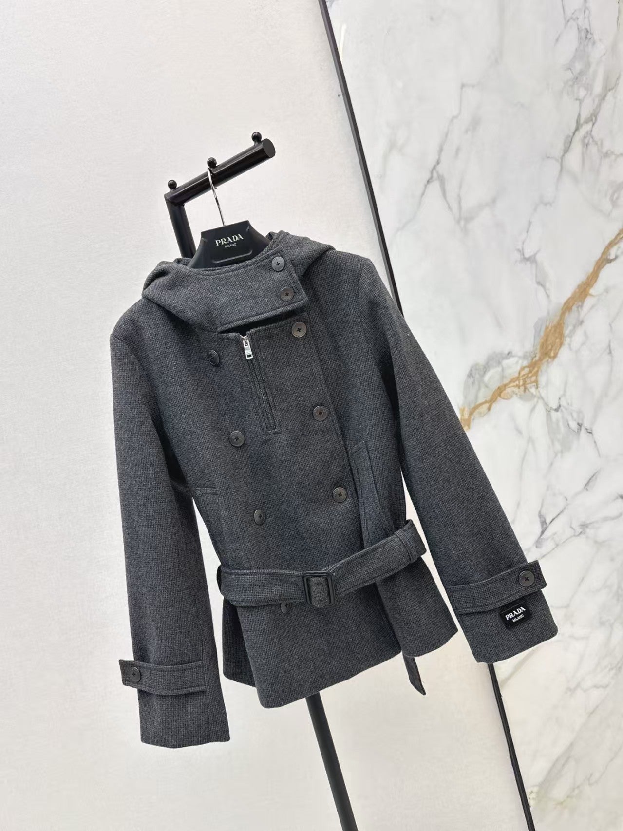 Double-brebreasted hooded wool trench coat