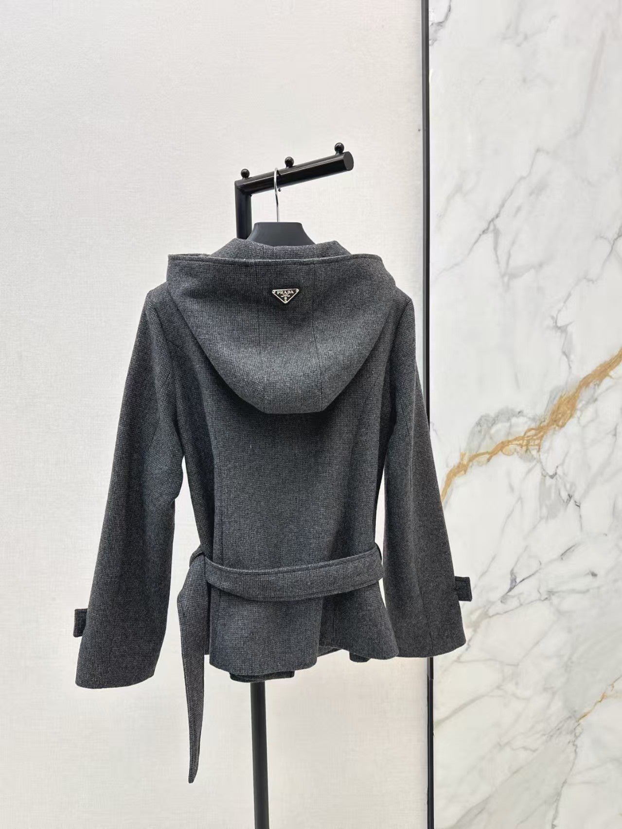 Double-brebreasted hooded wool trench coat