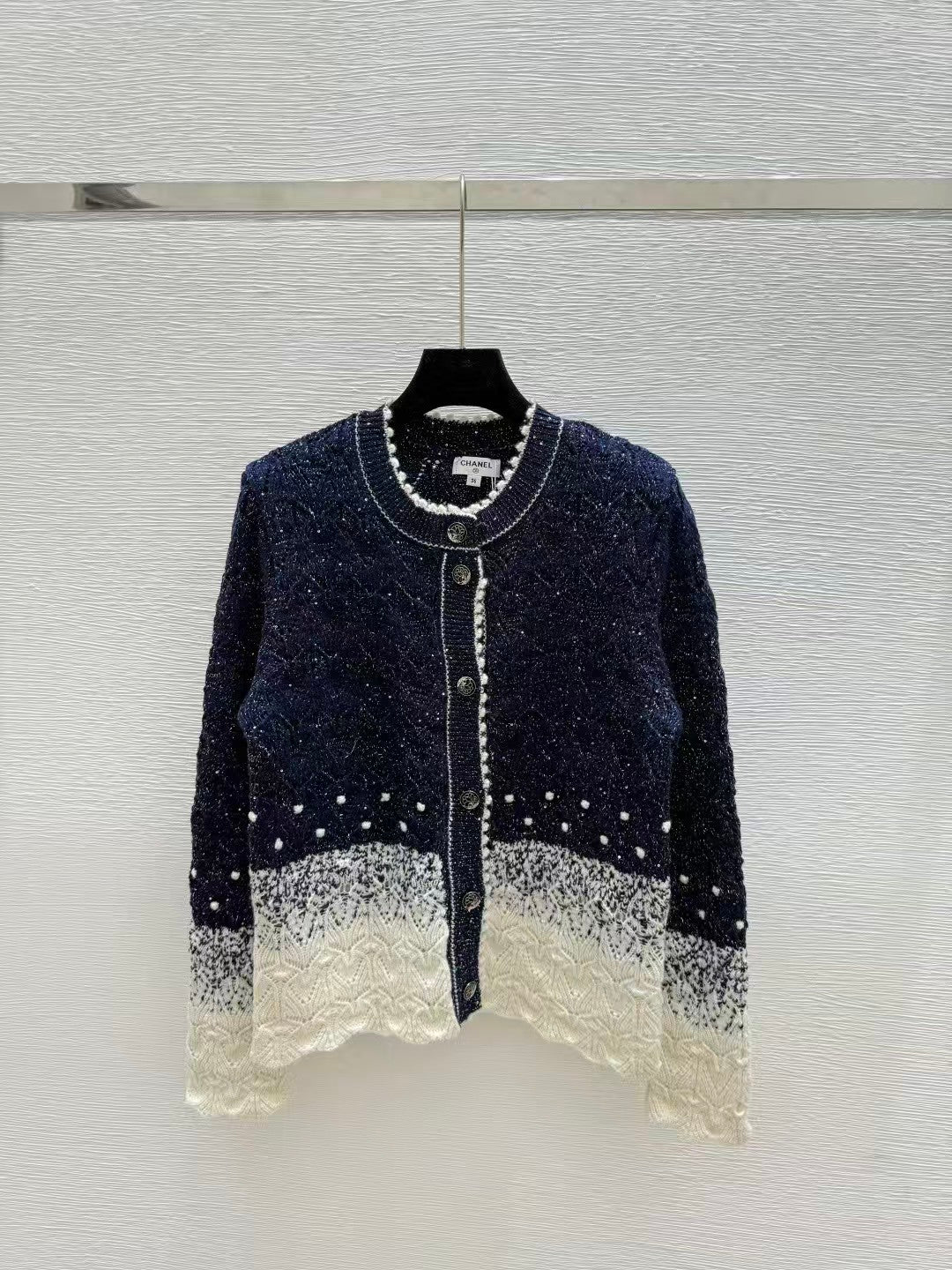 Gradient sequined openwork knit long-sleeved cardigan