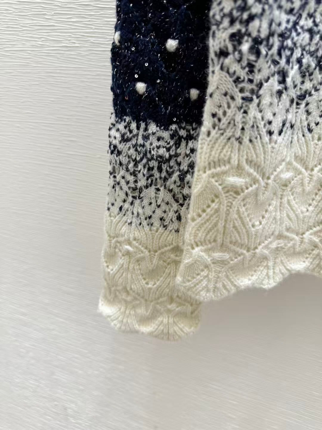 Gradient sequined openwork knit long-sleeved cardigan