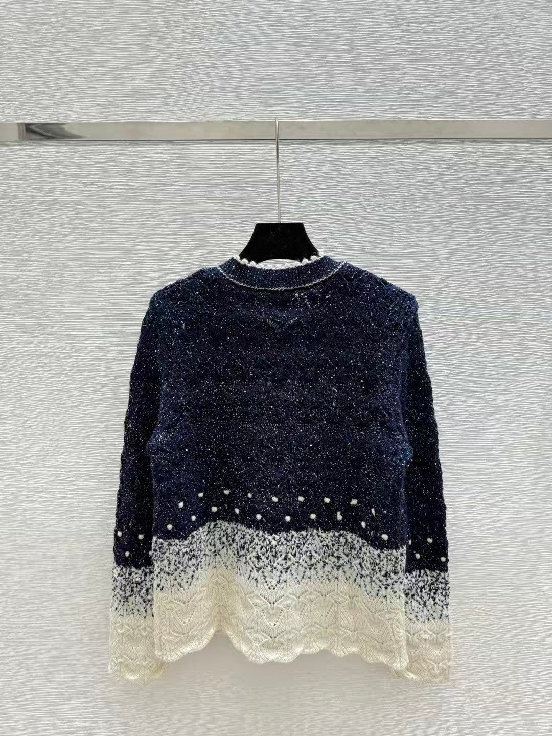 Gradient sequined openwork knit long-sleeved cardigan