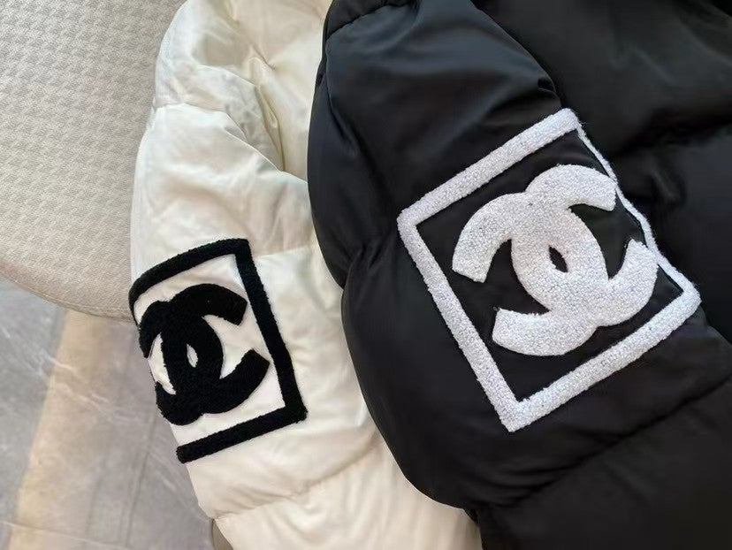 Embroidered Double C Solid Color Lapel Hooded Zip-Up Jacket