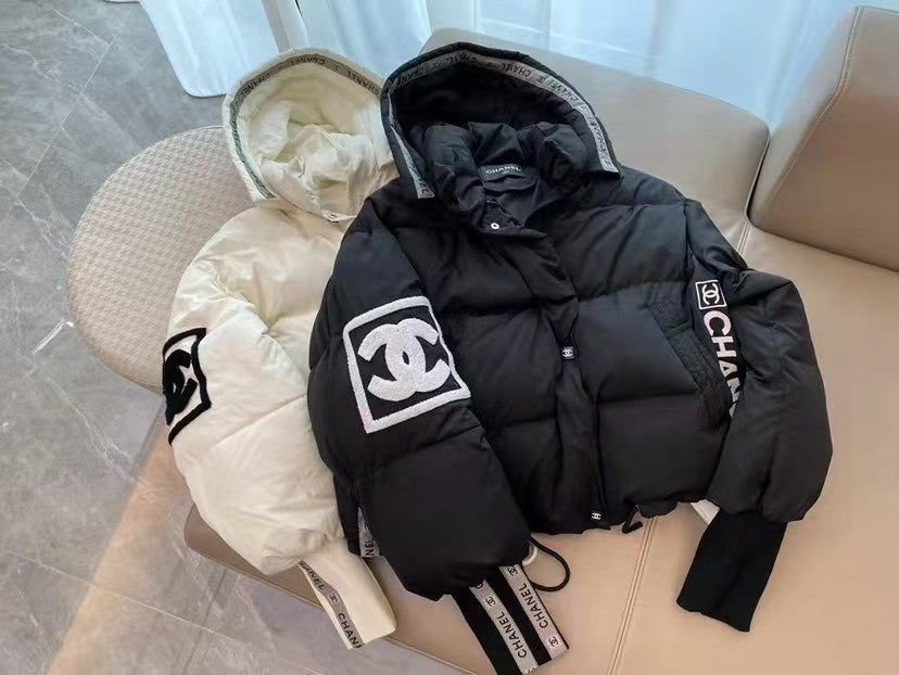 Embroidered Double C Solid Color Lapel Hooded Zip-Up Jacket