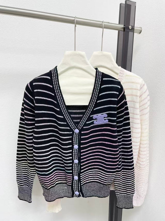 26 New Gradient Striped V-Neck Cardigan