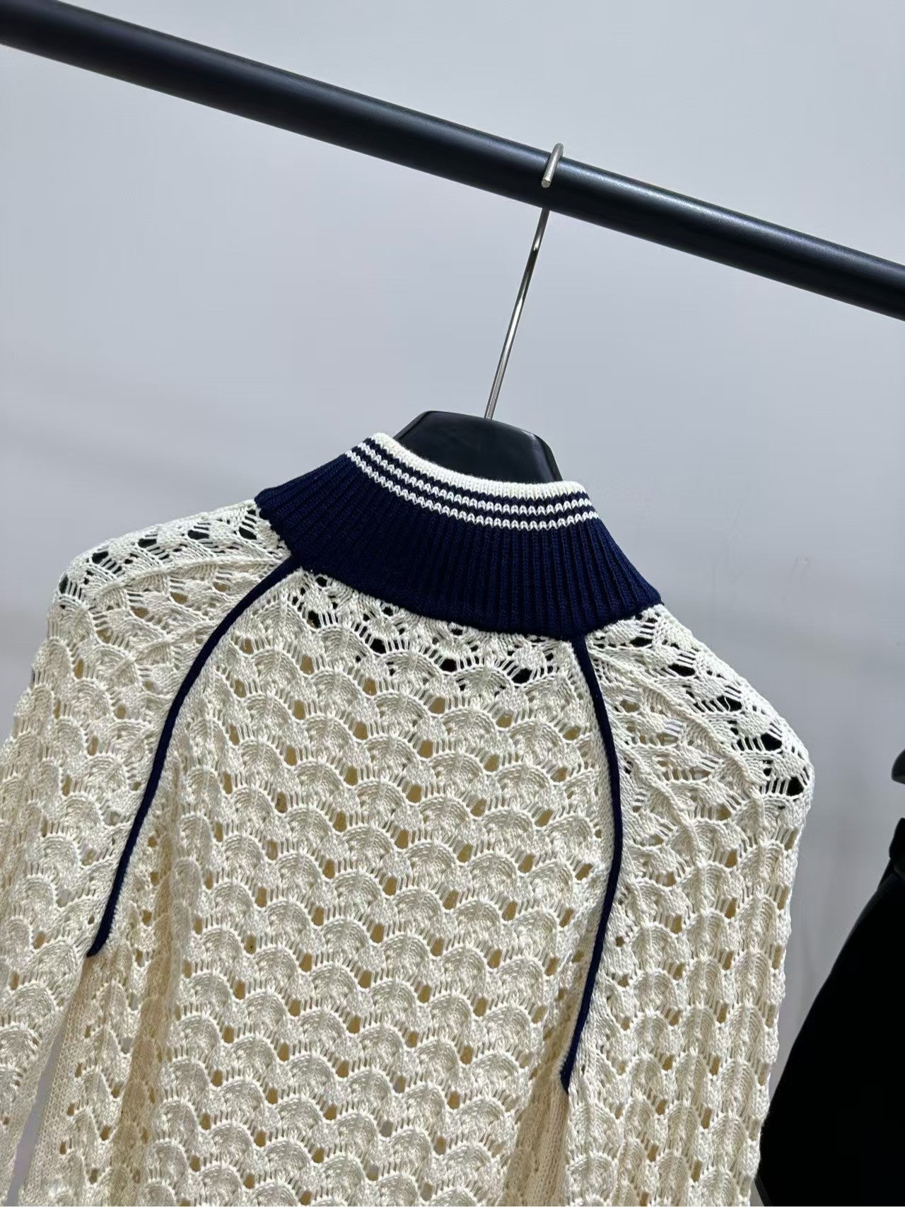26SS Beige Badge Stand Collar Hollow-Out Cardigan