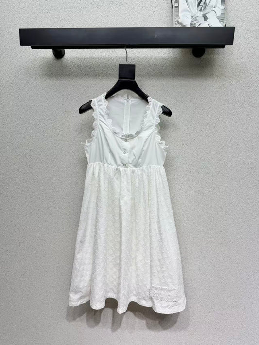 26SS White Jacquard Lace Sleeveless Dress