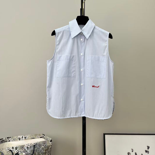 26SS New Pearl Button Sleeveless Striped Shirt