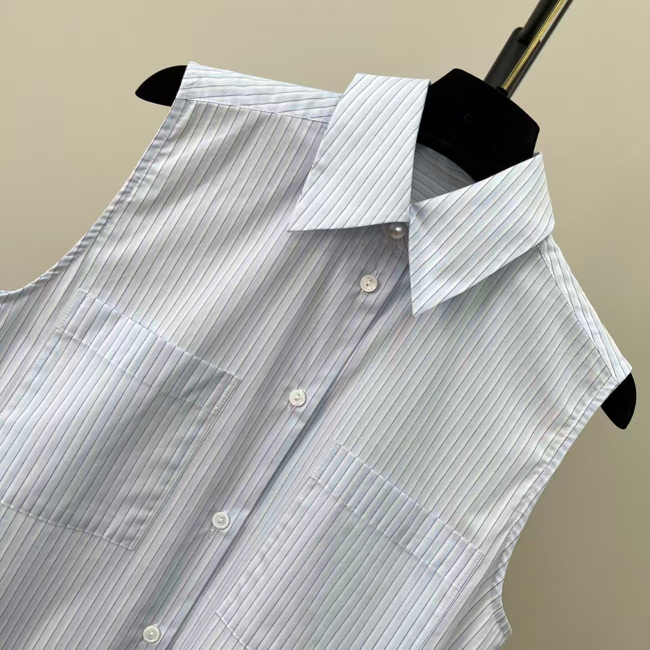 26SS New Pearl Button Sleeveless Striped Shirt