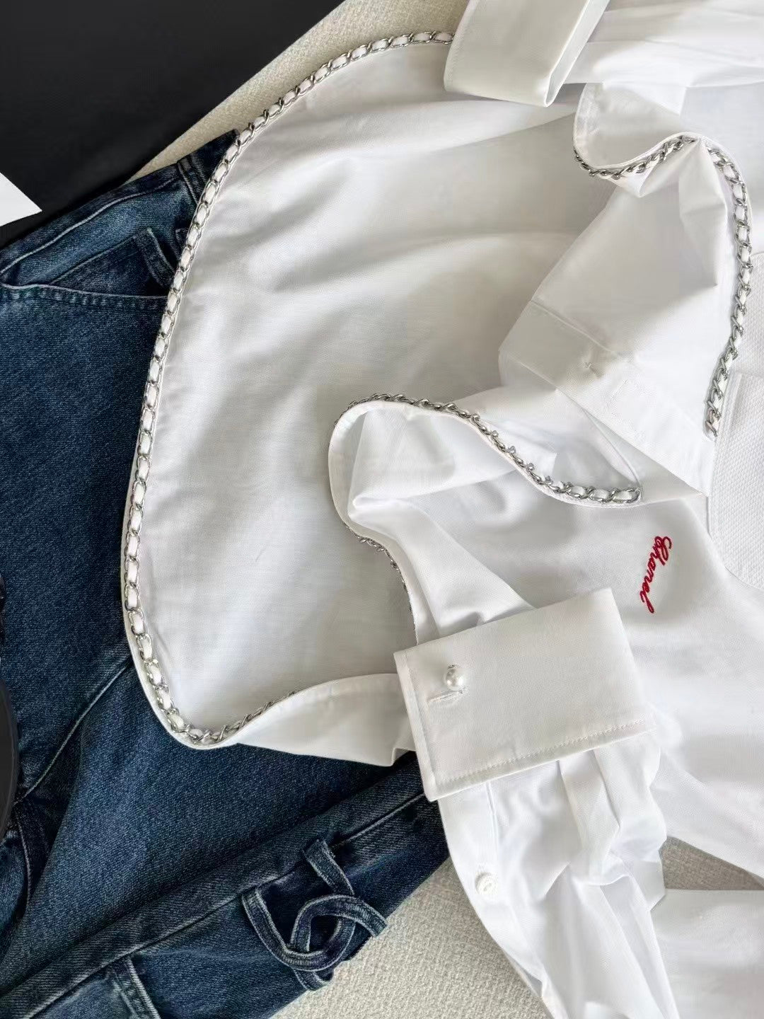 26SS Collared Shirt with Pearl Buttons and Embroidery