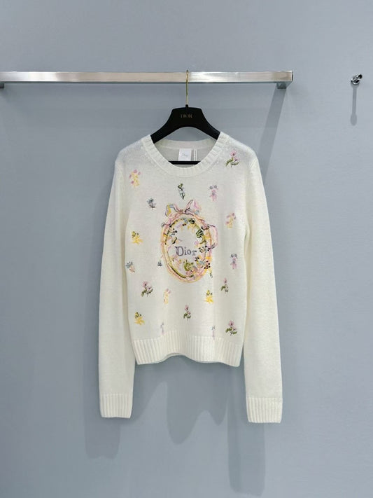 26SS Floral-Embroidered Crewneck Knit Sweater