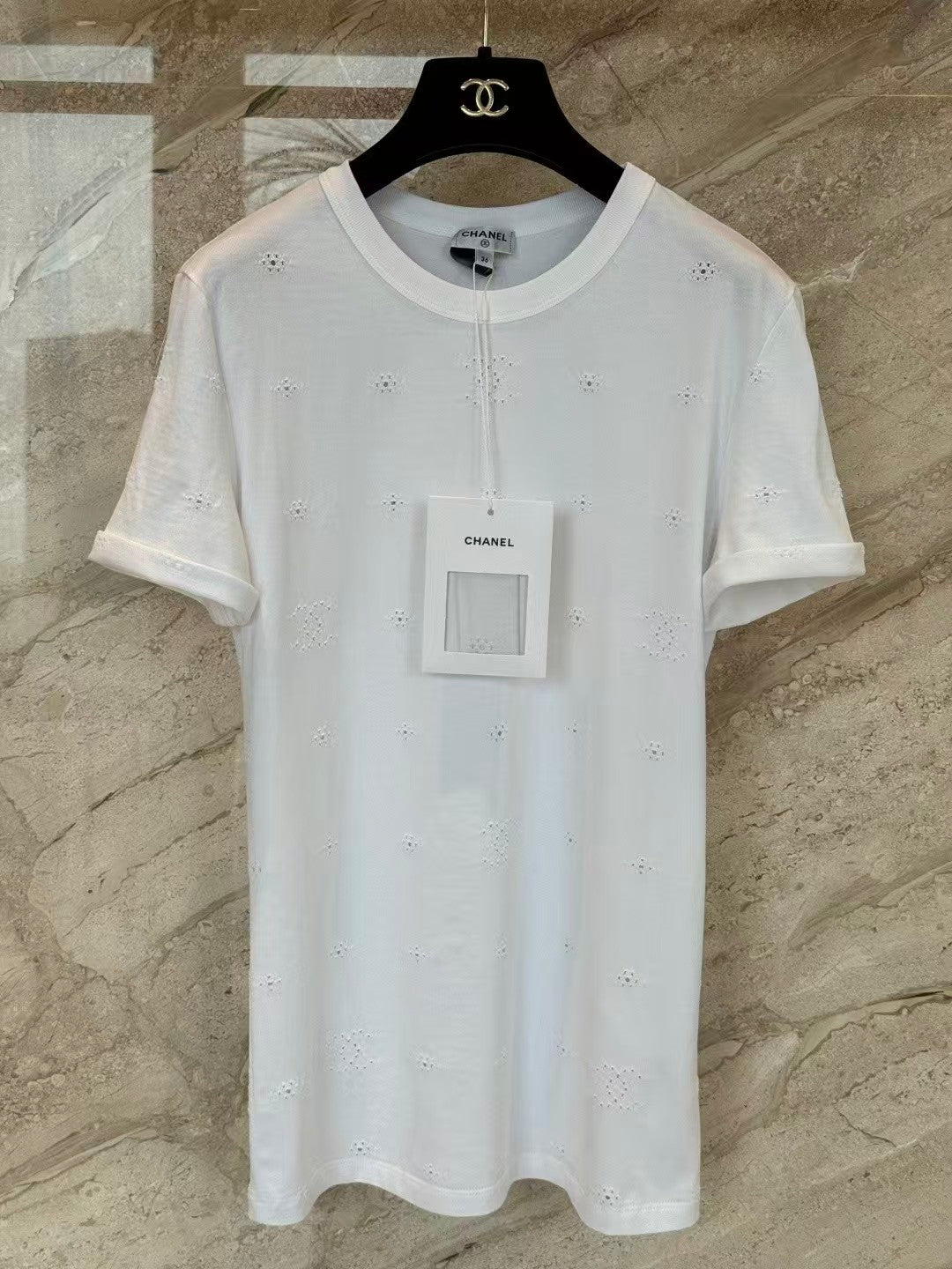 26SS White Openwork Embroidered T-Shirt