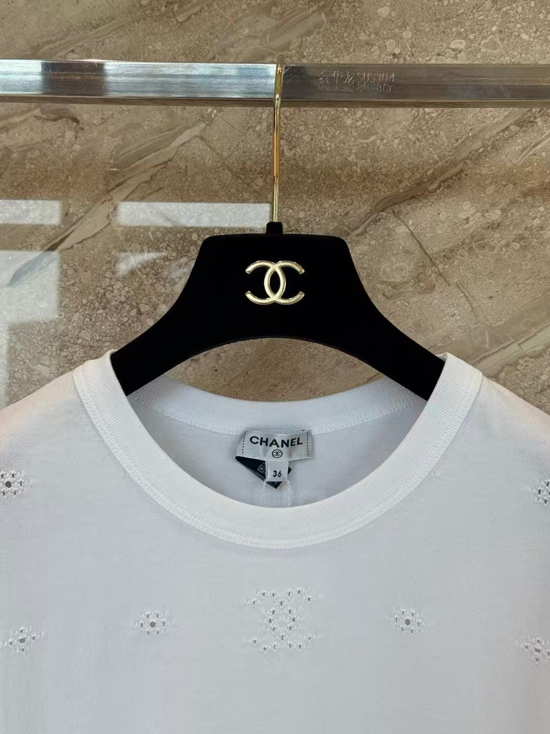 26SS White Openwork Embroidered T-Shirt