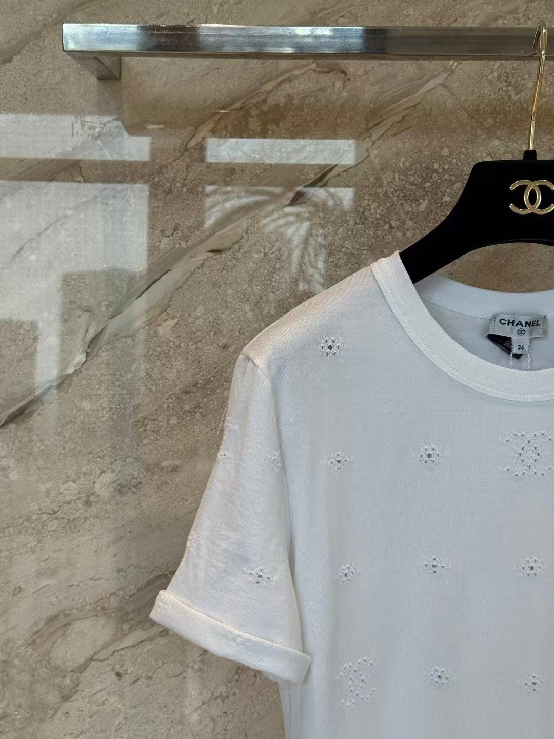 26SS White Openwork Embroidered T-Shirt
