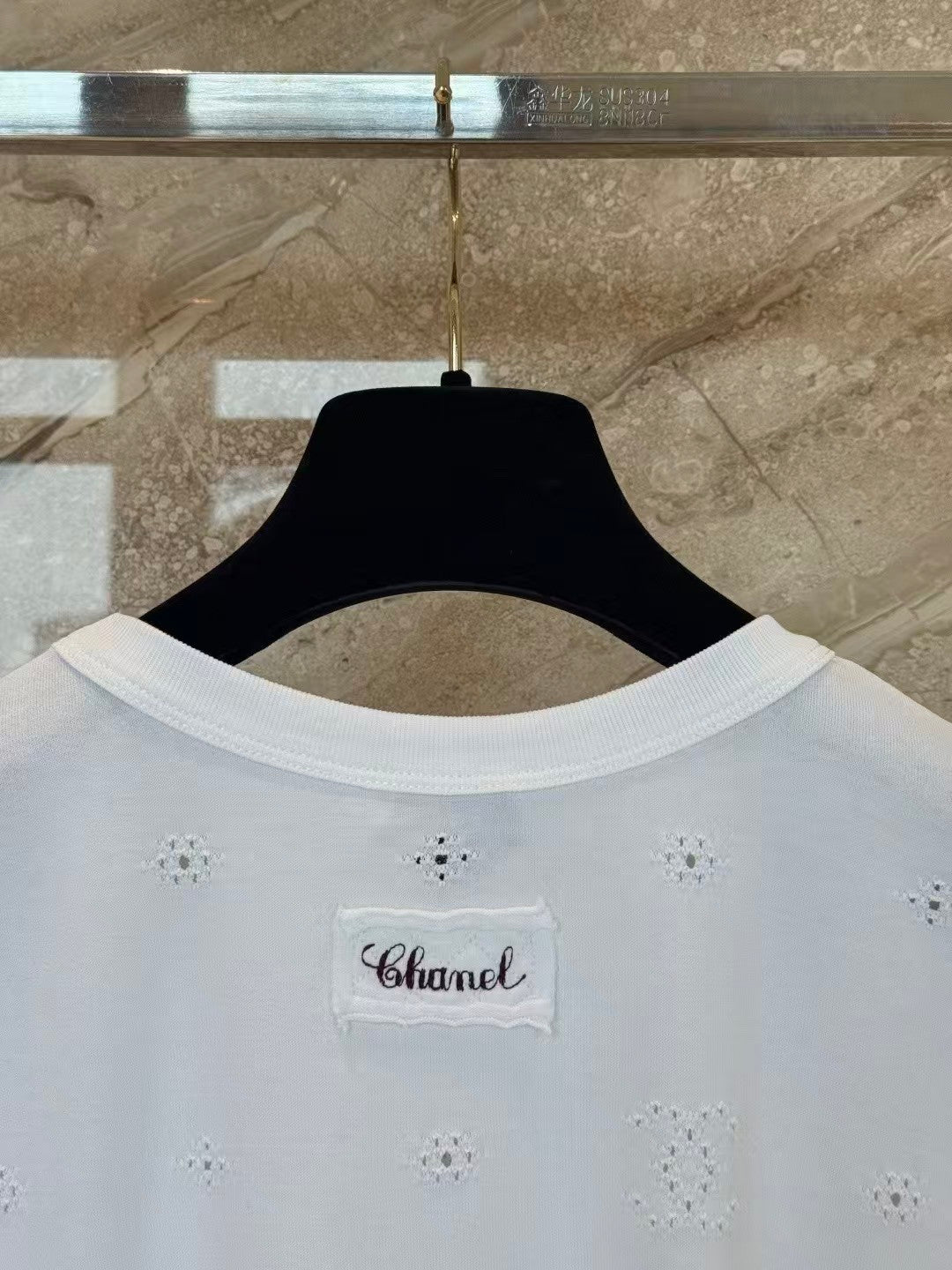 26SS White Openwork Embroidered T-Shirt