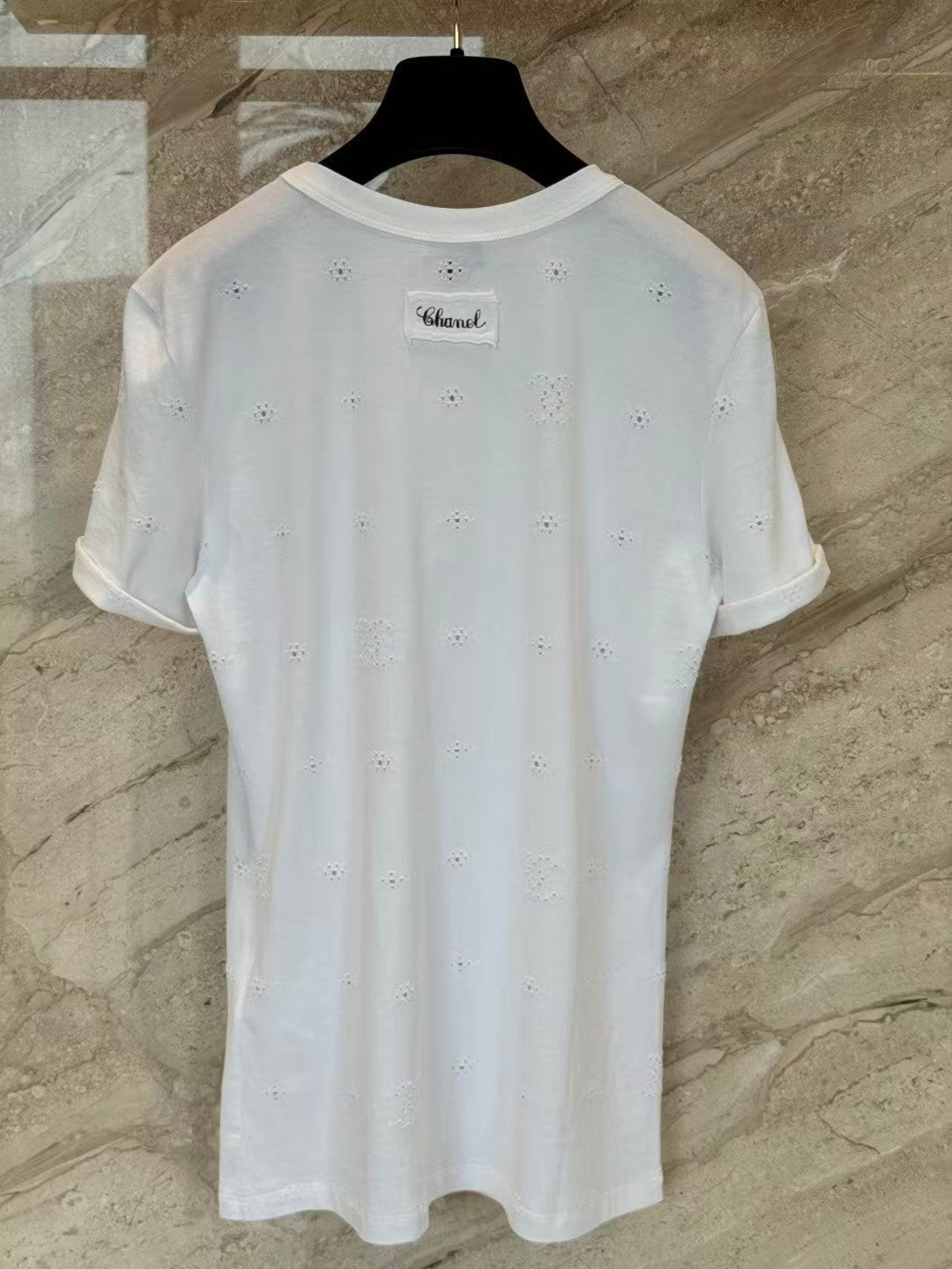 26SS White Openwork Embroidered T-Shirt