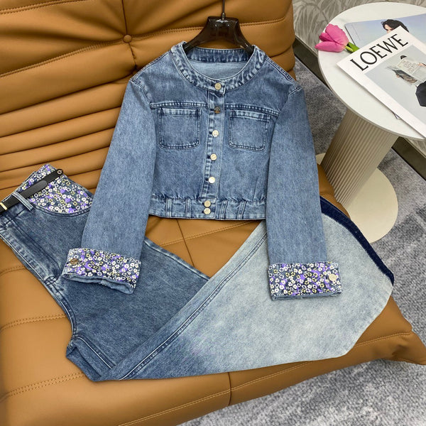 Round neck short jacket ➕ Wide leg pants set ➕ belt