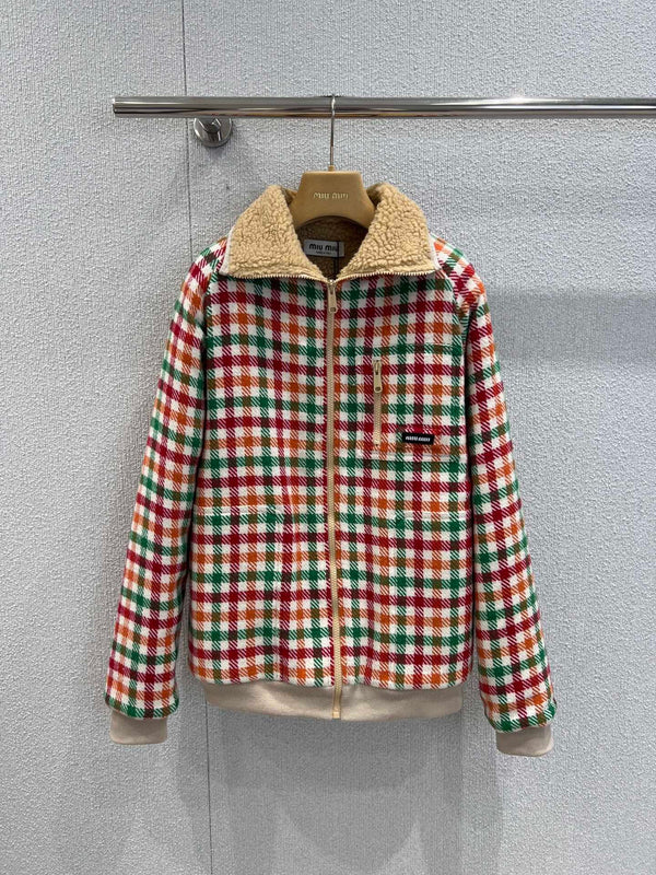 New autumn and winter colored plaid lambhair collar jacket jacket