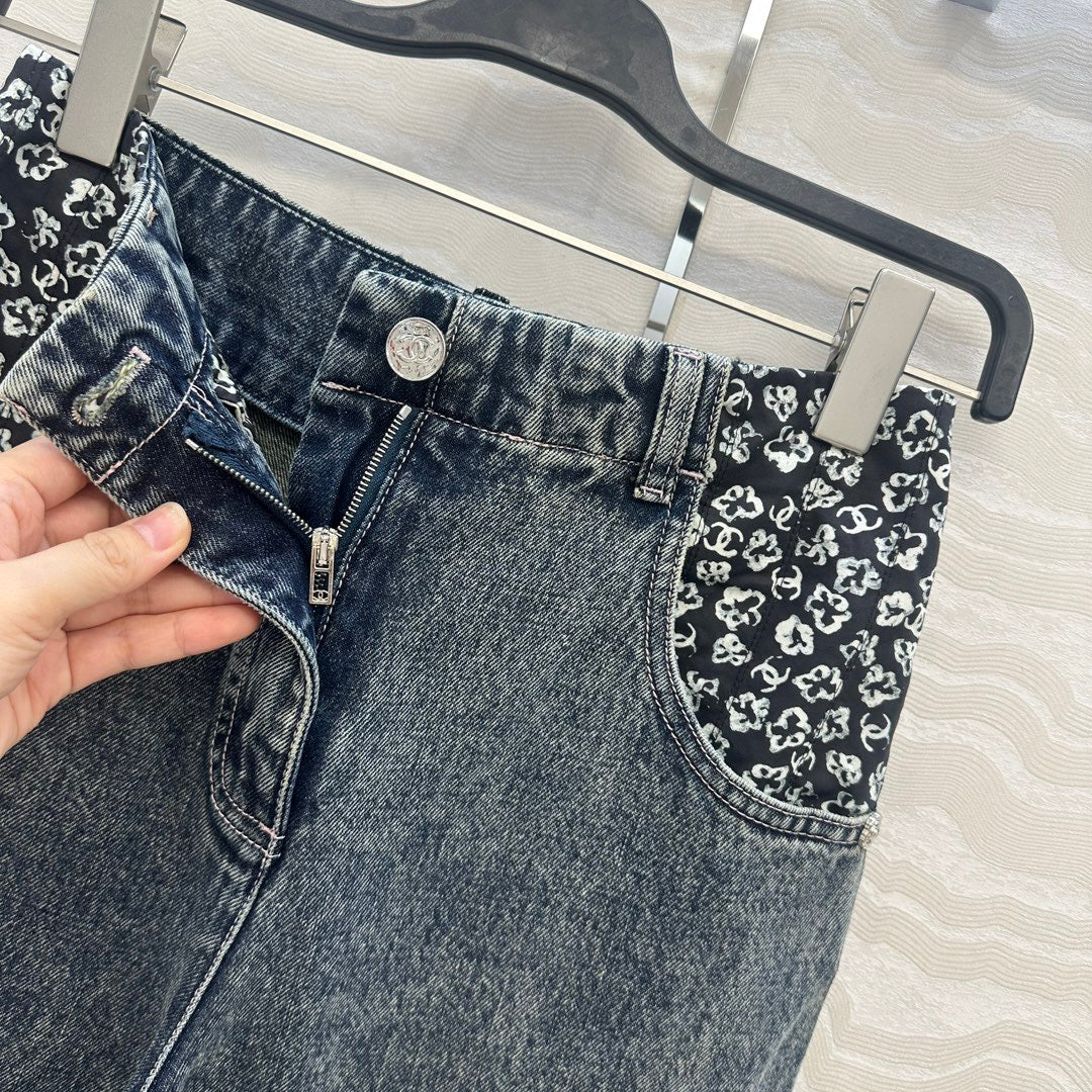 Colorful printed spliced wide leg straight leg jeans