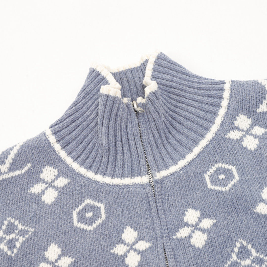 Full printed jacquard stand up collar zipper sweater