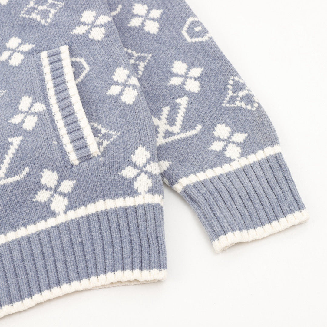 Full printed jacquard stand up collar zipper sweater