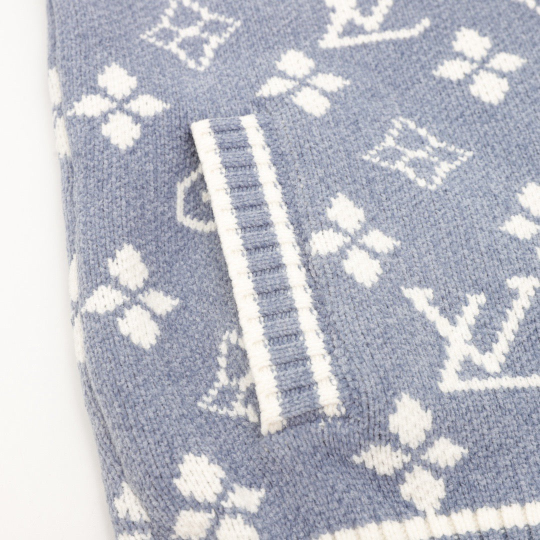 Full printed jacquard stand up collar zipper sweater