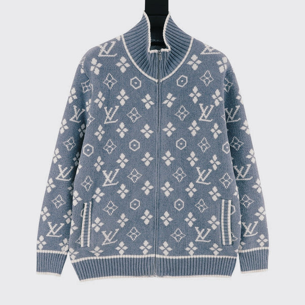 Full printed jacquard stand up collar zipper sweater