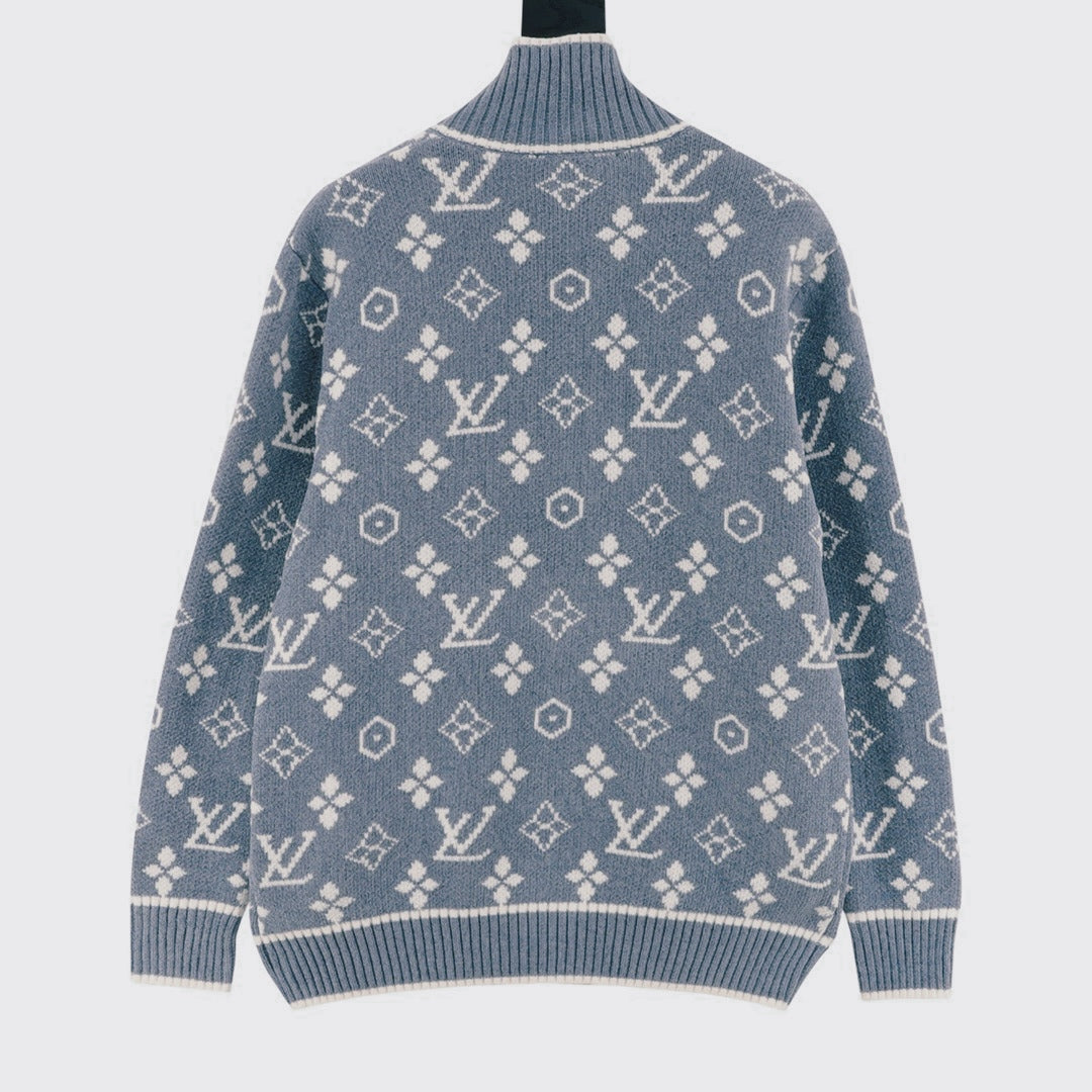 Full printed jacquard stand up collar zipper sweater