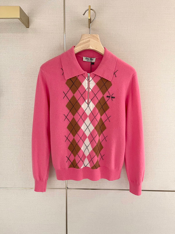 Sweet Pink Diamond Half Zipper Polo Collar Knitted Sweater