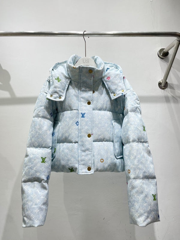 Light blue jacquard denim color printed down jacket hooded jacket