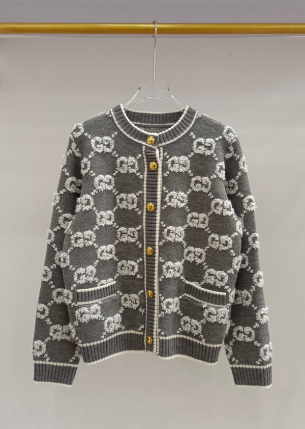 New zipper printed gold button wool cardigan