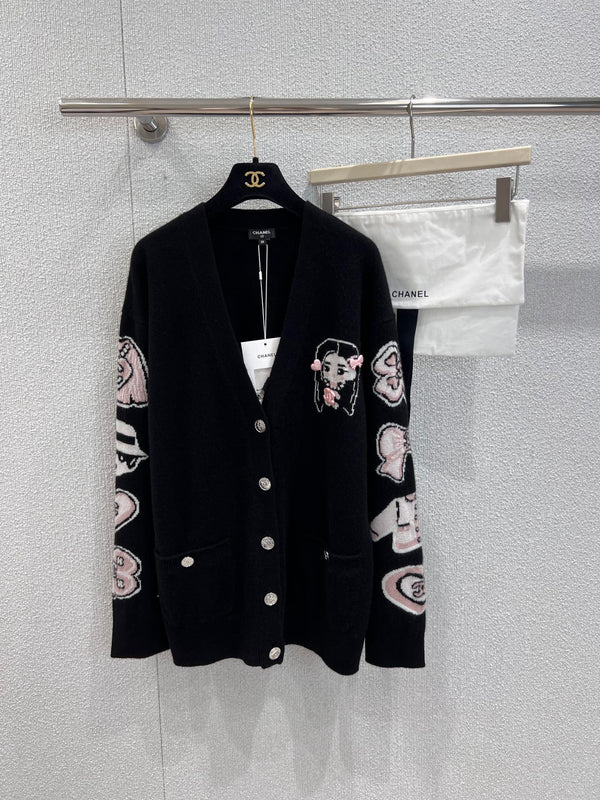 Sweet cartoon pattern inlaid cashmere cardigan jacket