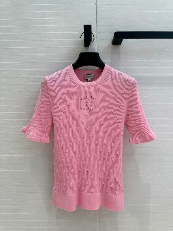 Pink Knitted Hollow Lotus Leaf Sleeve T-shirt