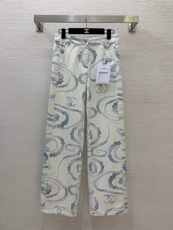 Ripple flower print fashionable straight leg wide leg jeans