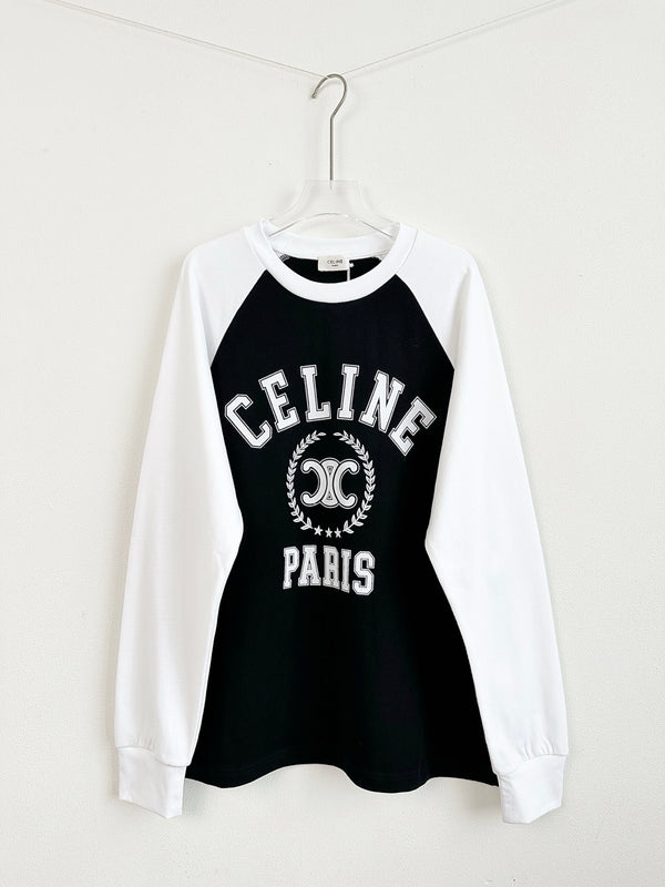 Color blocked shoulder sleeves, plush long sleeved T-shirt