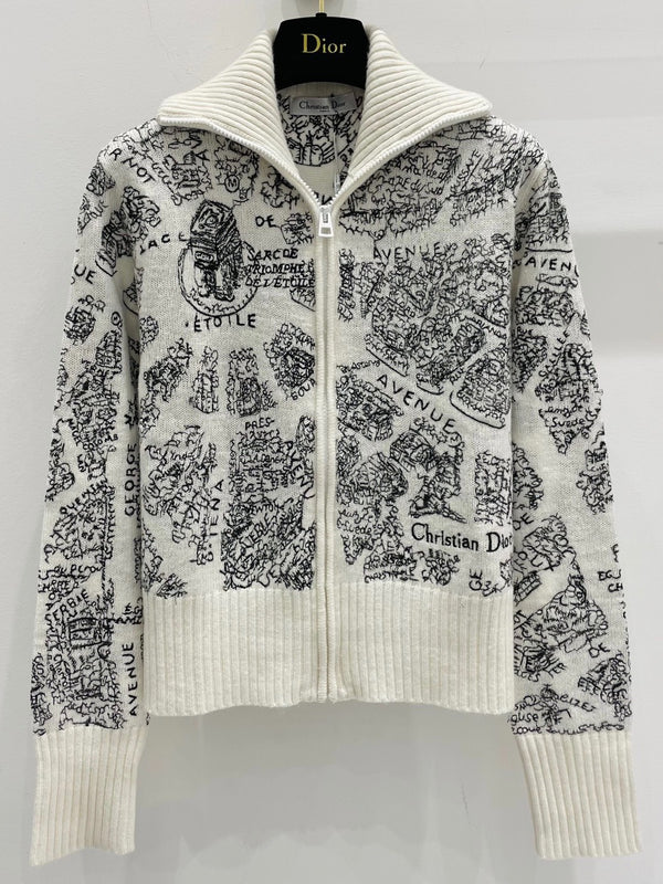 Paris map pattern semi high neck short knit zipper jacket