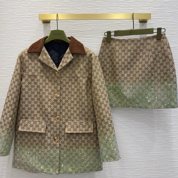 Old money patterned rhinestone hem suit jacket