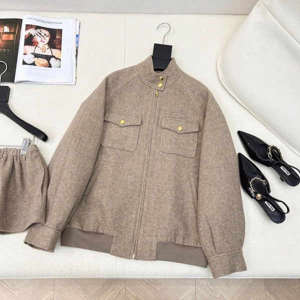 Early autumn herringbone standing collar jacket jacket+skirt