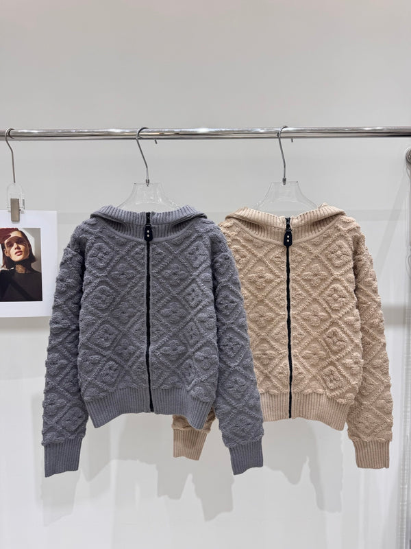 Jacquard knitted zipper hooded jacketet jacket