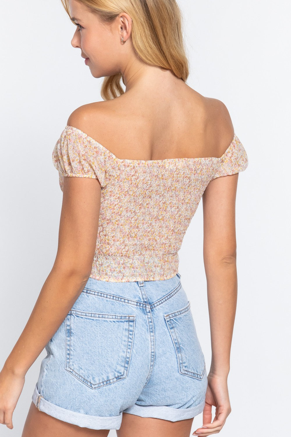Off shoulder lace up front top, floral top