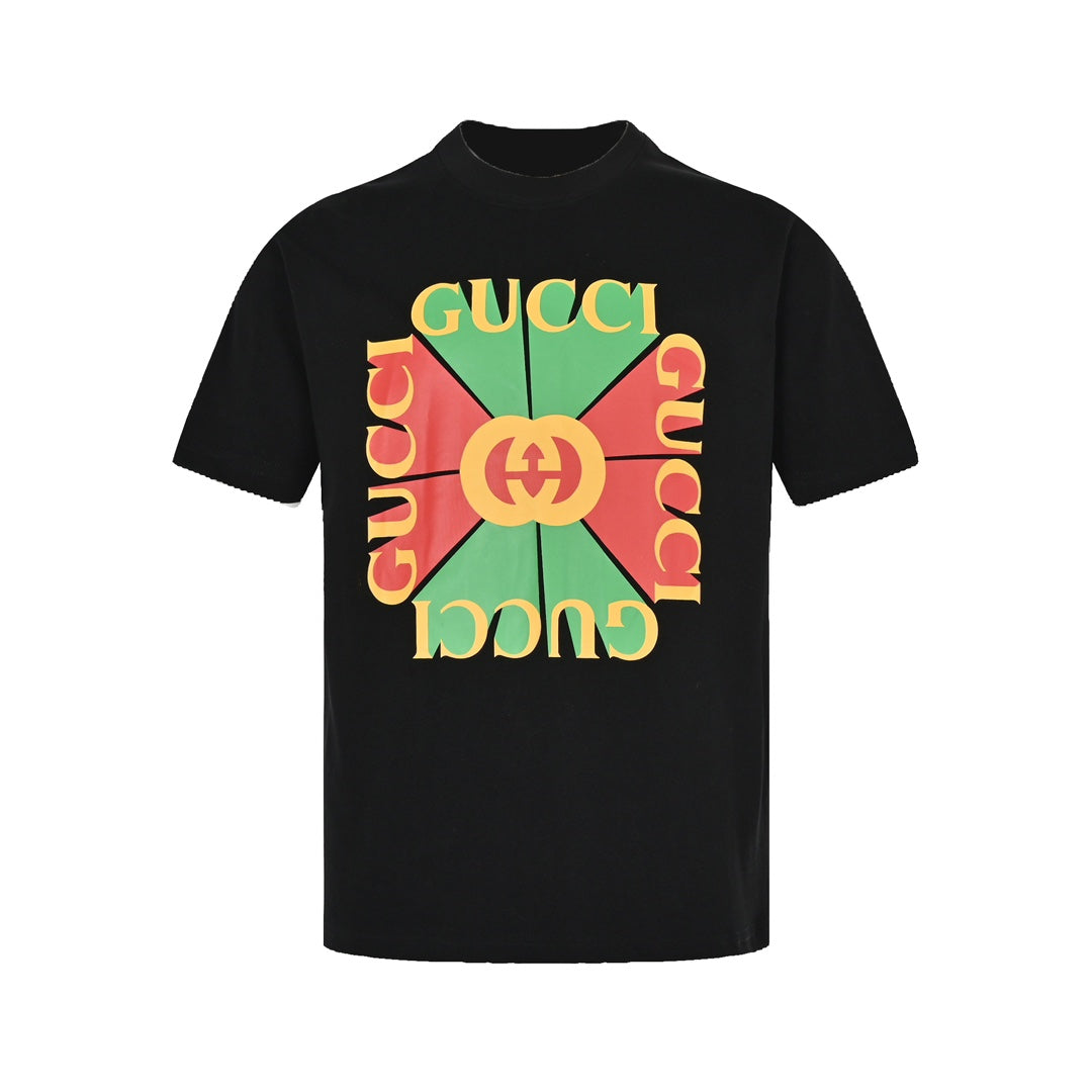 Red and green letter block print short sleeve