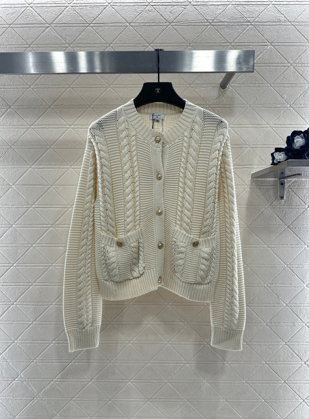 Round-neck cable knit cardigan